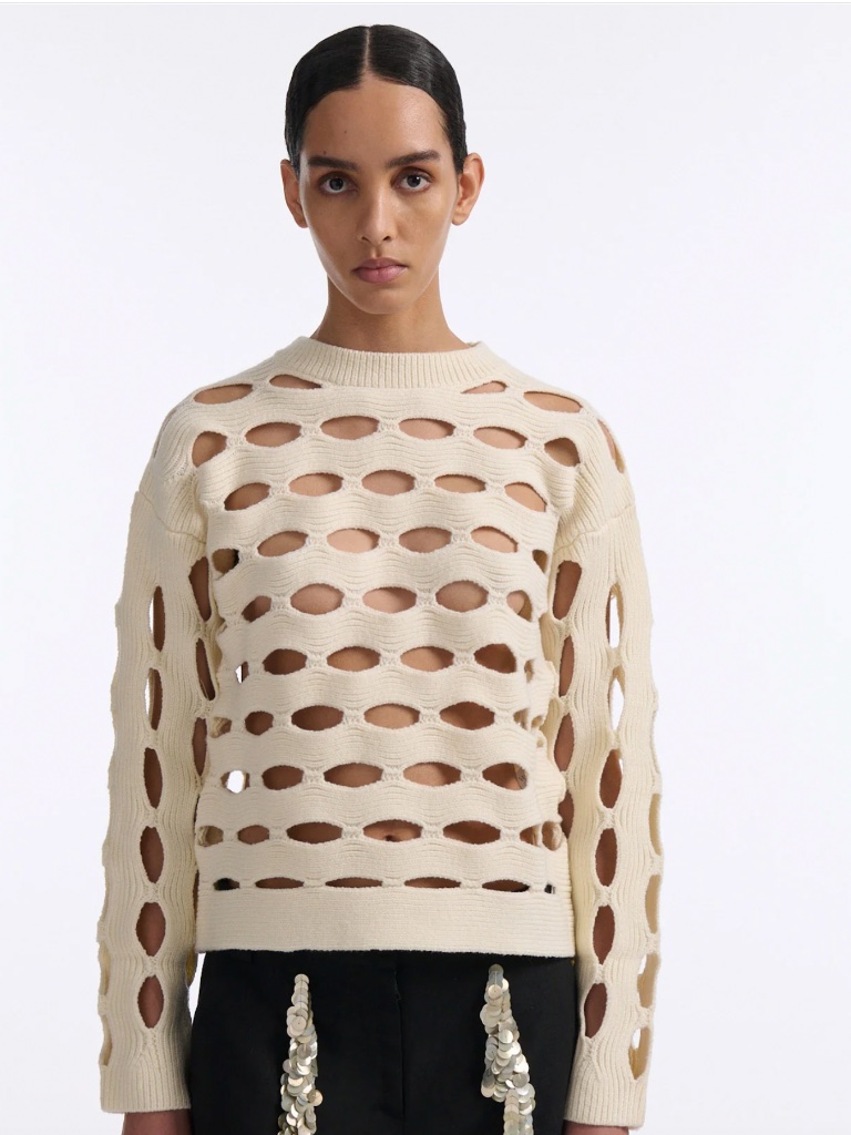 Diotima Galina White Wool Cut-Out Crew Neck Sweater New With Tags Sz L — image 5 of 8